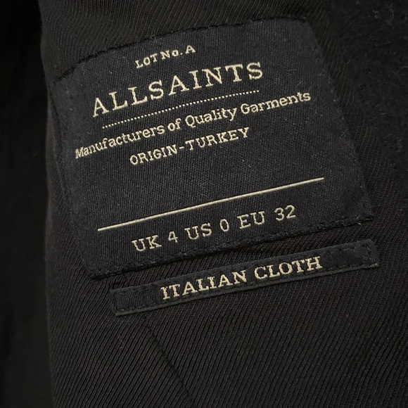 AllSaints Black Italian Cloth Leather/Wool Pea Coat, size 0 - Picture 5 of 9